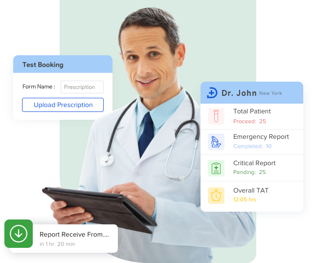 dashboard image displaying prescription upload feature for test booking using provider portal software, along with insights on the total patient count, emergency & critical report count, overall report delivery turnaround time, and individual doctor-wise patient statistics