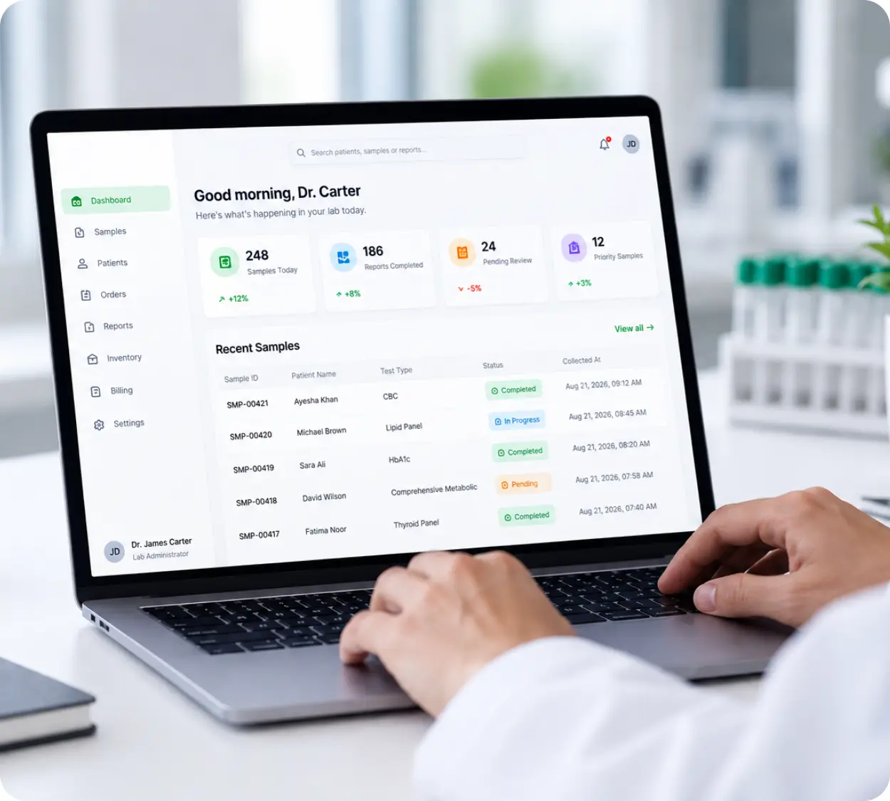 CrelioHealth dashboard open on a laptop in a lab