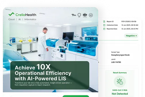 CrelioHealth AI-Powered LIS flyer and sample report