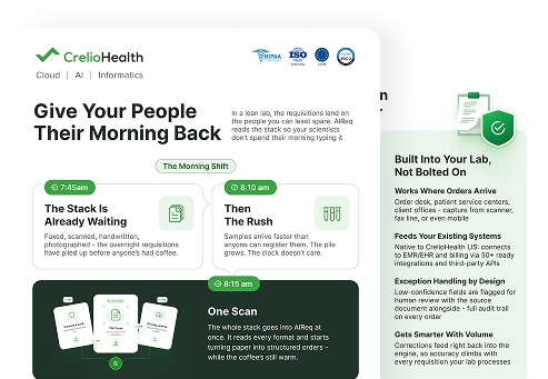 CrelioHealth AI-Powered LIS flyer and sample report