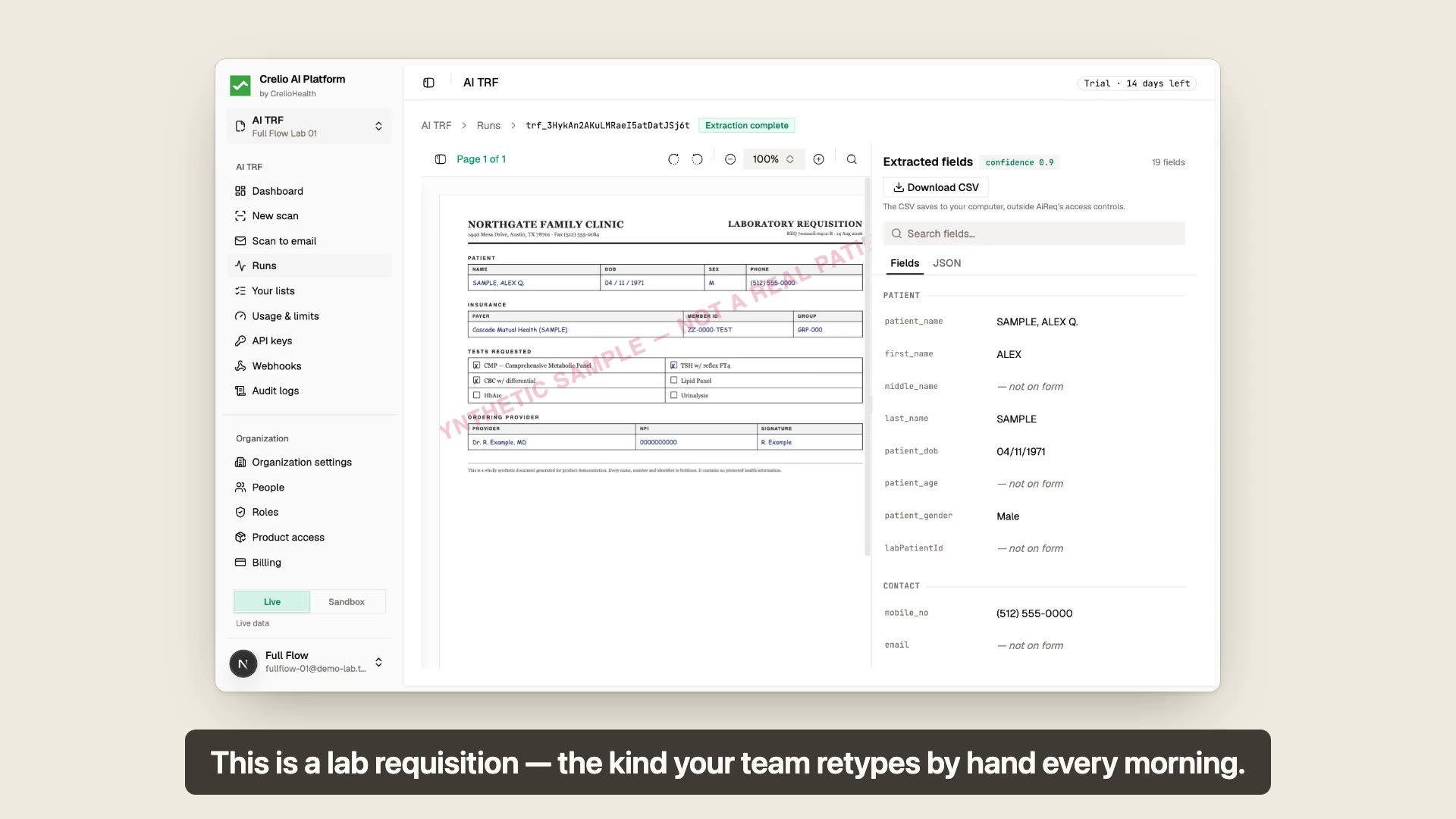 AiReq demo: a Northgate Family Clinic lab requisition beside its extracted fields in the Crelio AI Platform