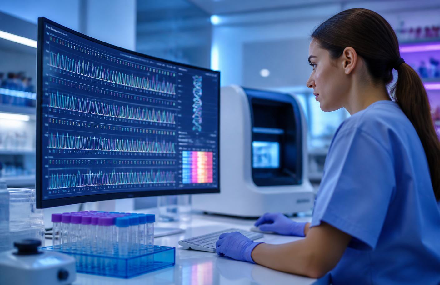 Pathologist examining slides under a microscope in an anatomic pathology lab