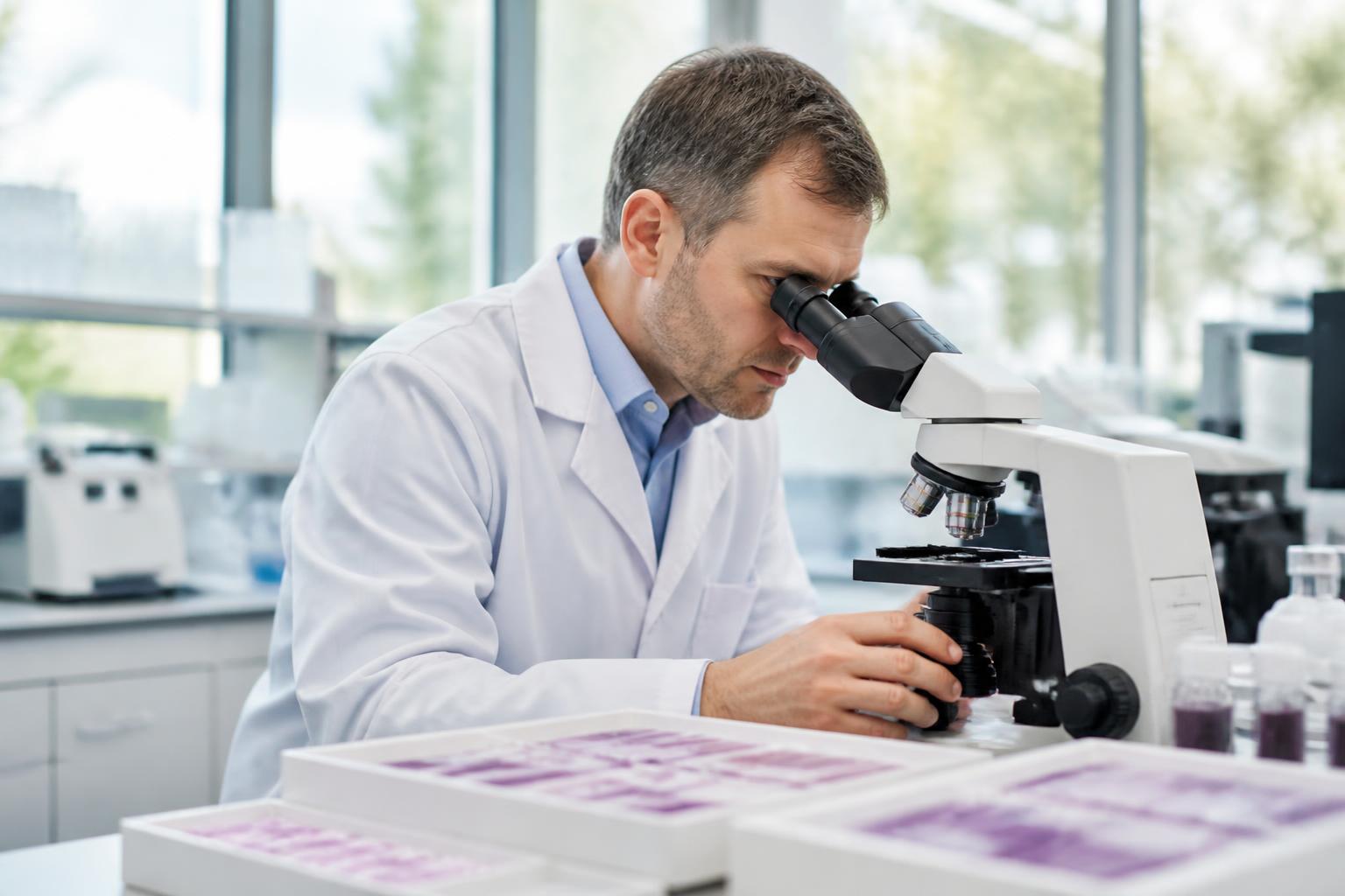 Pathologist examining slides under a microscope in an anatomic pathology lab