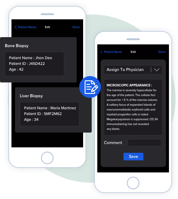 image showcasing anatomic pathology information system remote reporting feature with secure digital report collaboration and approval, doctor assignment management, and report audit trails to see changes in anatomic pathology reports