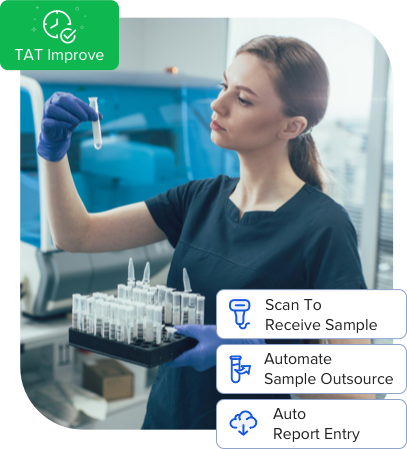 image highlighting blood chemistry lab automation features for improved turnaround time, sample scanning, sample management at multiple centers, and automated report value entry