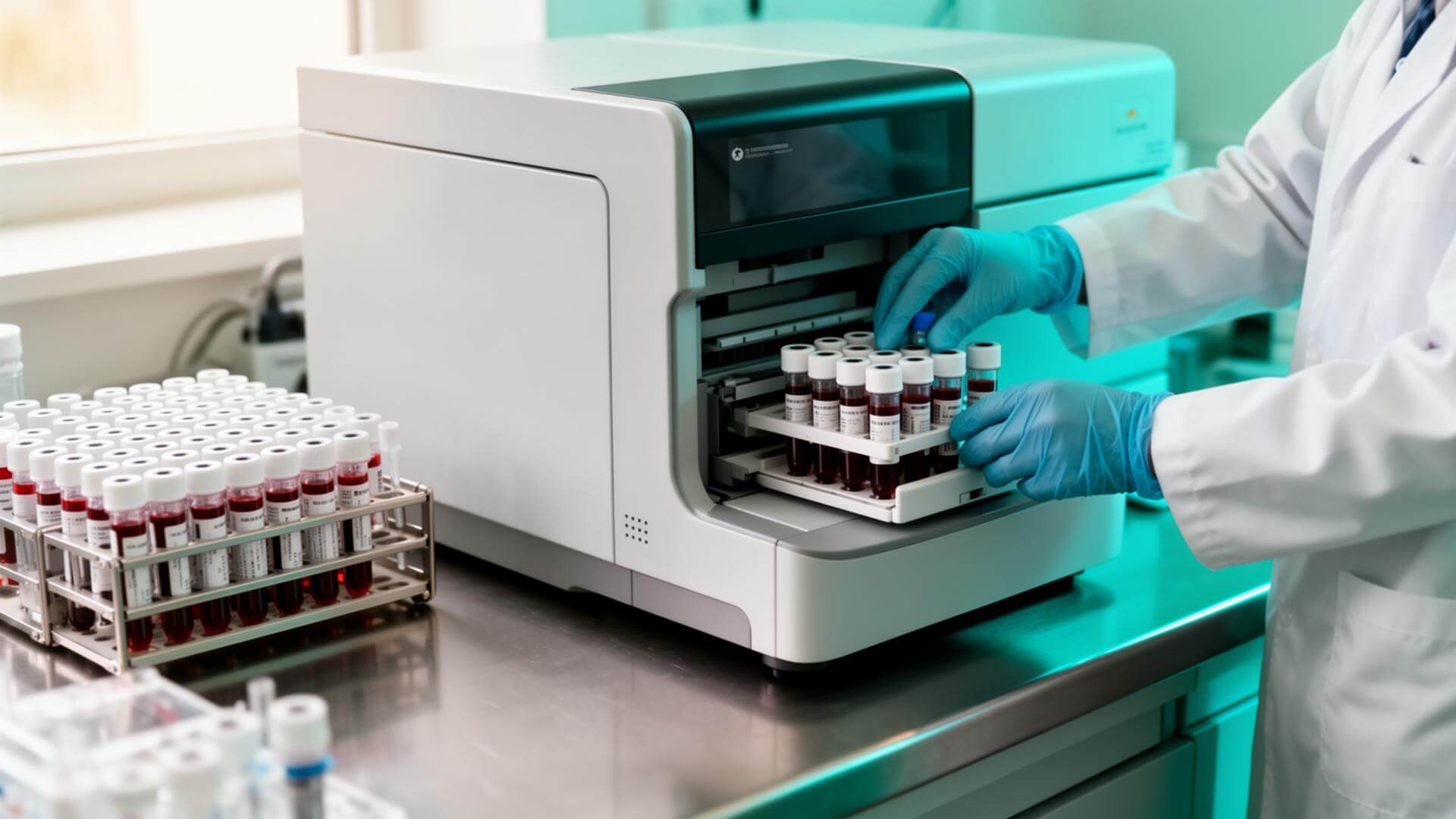 Lab technician loading sample tubes into a diagnostic analyzer