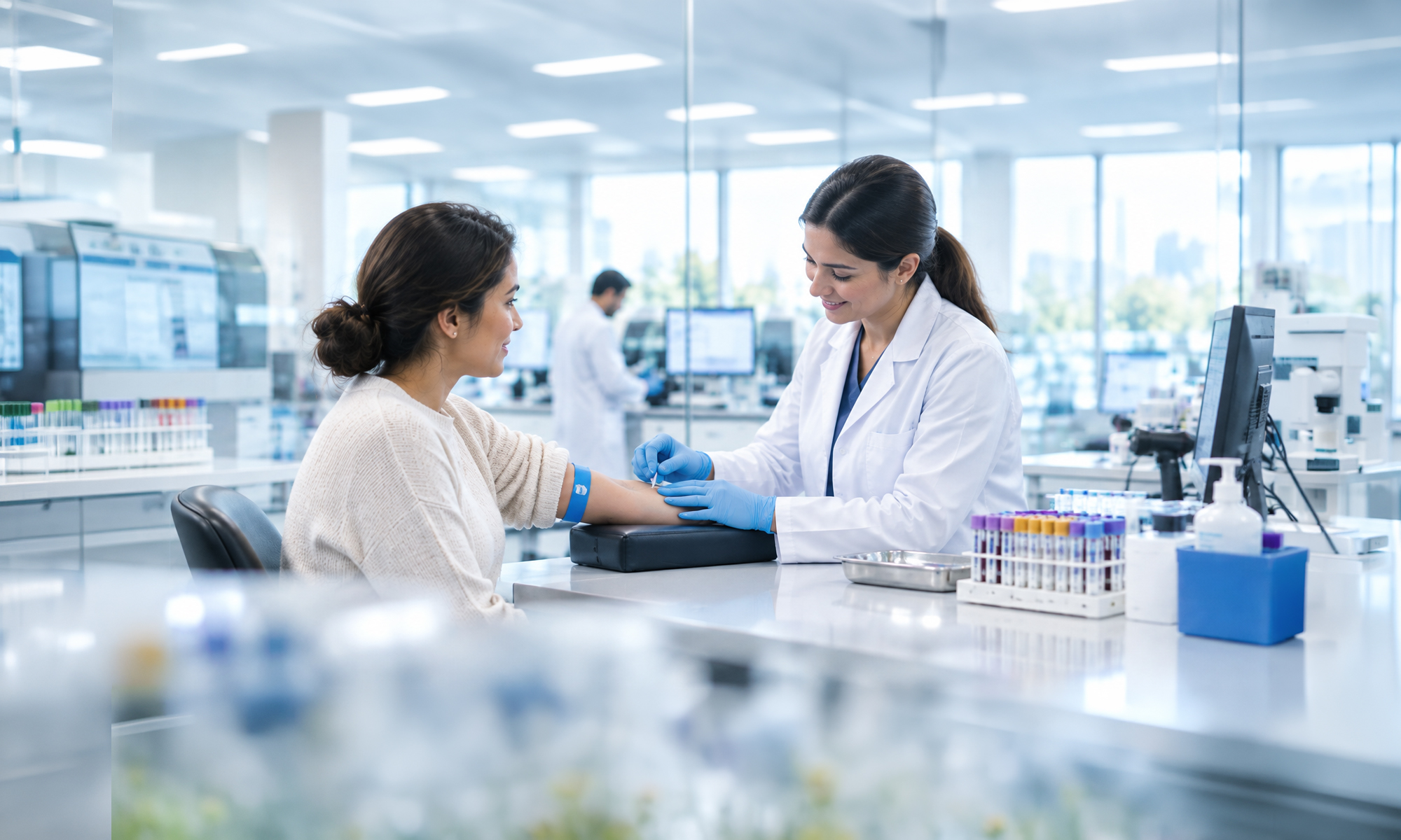 Image illustrating a lab technician using CrelioHealth’s user-friendly, cost-effective LIMS to improve productivity, maximize ROI, and reduce operational costs