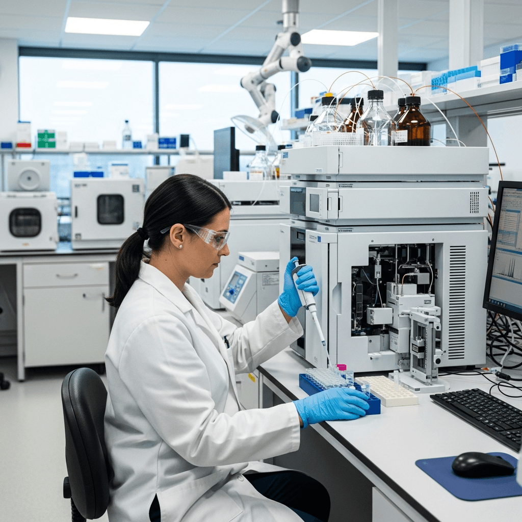 Lab technician loading sample tubes into a diagnostic analyzer