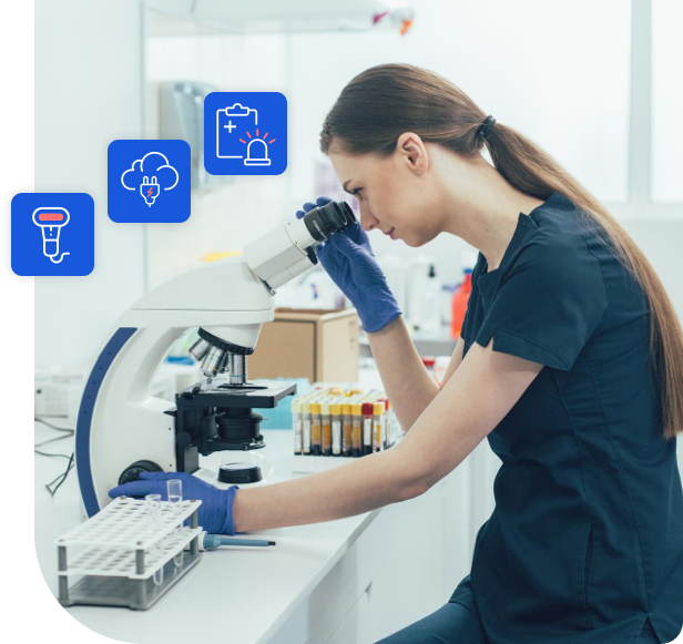 image illustrates a pathologist analyzing samples using smarter, cloud-based and technological systems like hematology lims