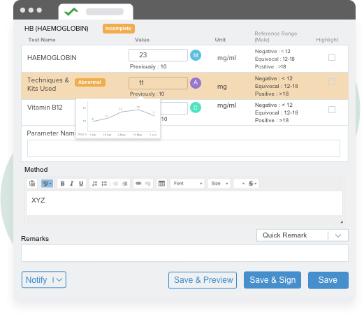 image highlighting a dashboard that helps pathologist with report entries and trends for faster and effective hematology reporting