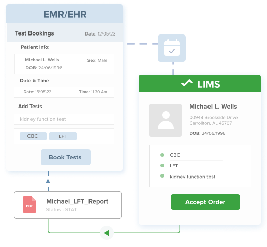 image showcasing lab workflow using test booking dashboard of hospital lab software displaying detailed patient information, date and time, options for adding test types during booking, and downloadable pdf reports, additionally hospital lims dashboard showcases booked test data with an accept order feature