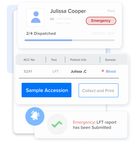 the dashboard showcases a detailed emergency alert with patient information and test details, image illustrating the functionality of the hospital lims system in providing stat alerts during patient emergencies