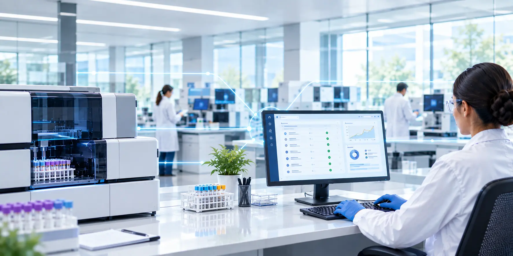Image illustrating a lab technician using CrelioHealth’s user-friendly, cost-effective LIMS to improve productivity, maximize ROI, and reduce operational costs