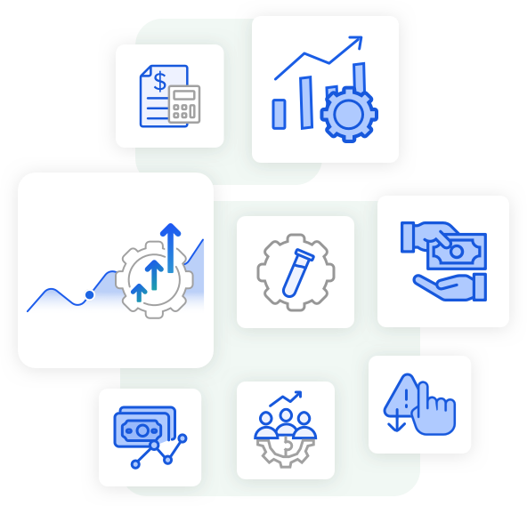 infographic showing creliohealth lab monitoring system icons, including analytics charts, financial reports, automation, lab test tubes, payment processing, user management, and alert notifications, representing laboratory performance and efficiency features
