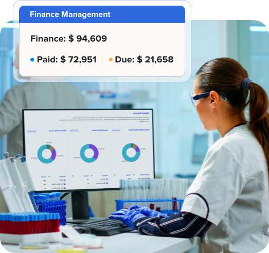 laboratory professional viewing finance management dashboards and charts using informatics software