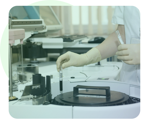 gloved technician preparing samples in a laboratory with a verification symbol overlay