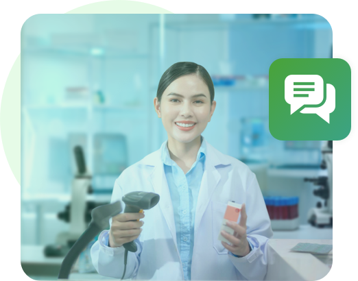 laboratory professional holding a barcode scanner with a communication icon overlay