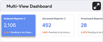 multi-view dashboard displaying report and request statistics in laboratory software