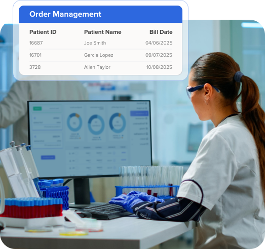 a laboratory professional using a computer to manage patient orders and billing in a modern medical lab environment