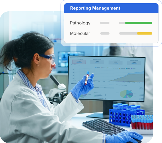 scientist managing pathology and molecular reports on a laboratory informatics workstation