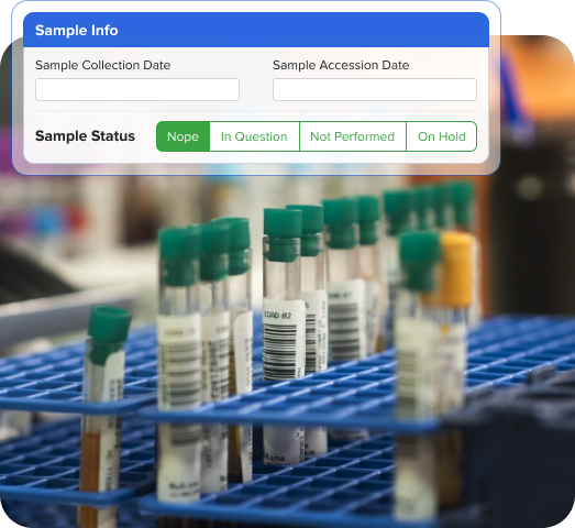 test tubes with labelled samples in a laboratory rack, showing a digital interface for tracking sample status and collection details