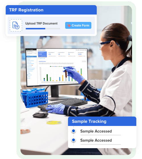 lab technician analyzing test sample and using web-based lims system to simplify lab operational complexities