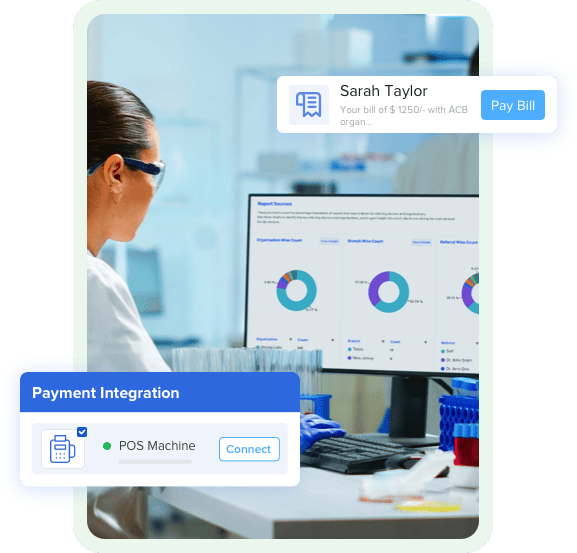 lab professionals using a web-based lims system on a digital tablet to facilitate smooth business transactions and collaborations, emphasizing teamwork and technology in a corporate environment