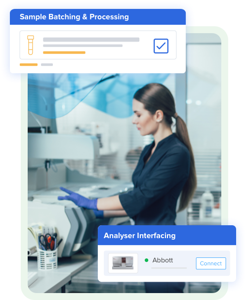 lab technician analyzing test sample and using web-based lims system to simplify lab operational complexities