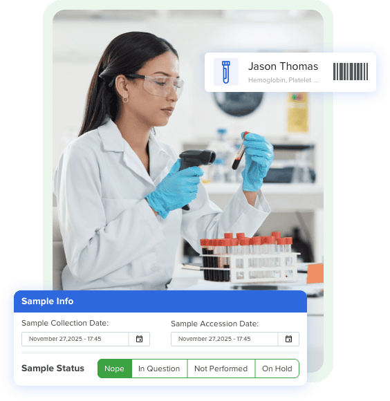 lab professionals using a web-based lims system on a digital tablet to facilitate smooth business transactions and collaborations, emphasizing teamwork and technology in a corporate environment