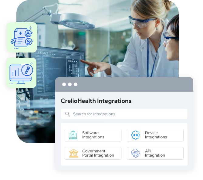 lab technicians analyzing lab data on a computer with dashboard options for software, device, government, and API connections — showcasing seamless LIMS integration.
