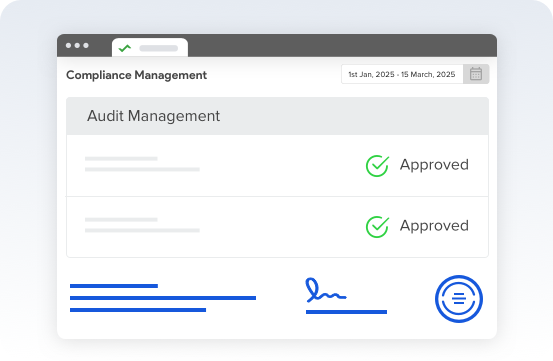 compliance management dashboard showing audit management approvals, with digital signature and verification icons for laboratory compliance tracking