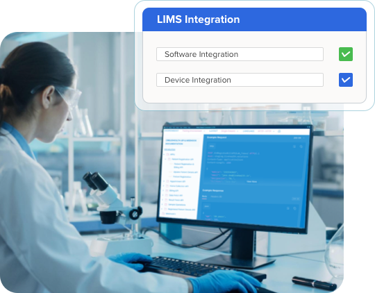 laboratory professional using CrelioHealth platform for lims software and device integration, alongside content highlighting the benefits of interoperability and networking for healthcare organizations