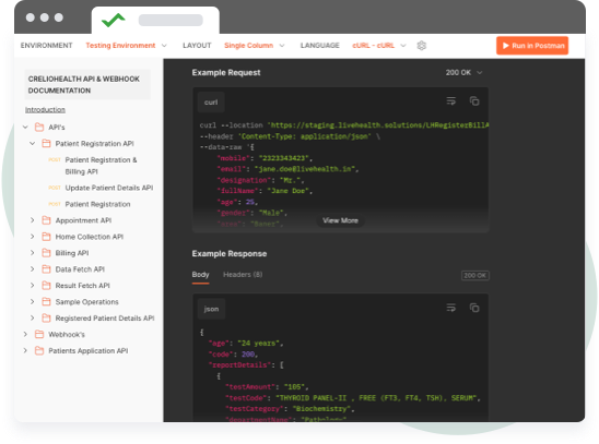 lims api webhook documentation interface for CrelioHealth, displaying example request and response json code for patient registration and lab integration endpoints