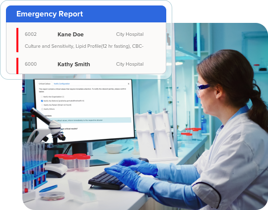 lab technician reviewing emergency lab reports for patients using CrelioHealth lims software in a medical laboratory setting