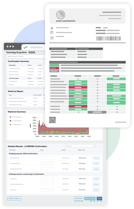 dashboard of medical laboratory reporting software featuring digital health reports with EHR panels, visible patient data fields, barcodes, summary tables highlighted in green and red to indicate health metrics, historical trend graphs, and detailed toxicology drug panel test results, illustrating advanced functionality for medical data analysis, clinical diagnostics, and comprehensive patient reporting