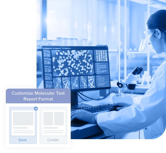 lab technician using molecular lab software dashboard to review genetics report