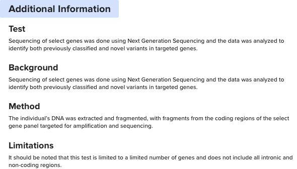 customizable additional information section covering test details, method, limitations, and background information in the report format