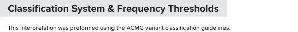 report format displaying classification system and frequency thresholds for genetic variants