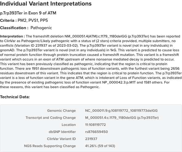 report format displaying individual variant interpretations, providing biological insights into the identified variants through ngs