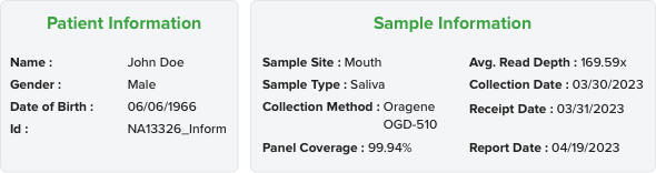  report format of genetic marker report displaying patient information, sample information