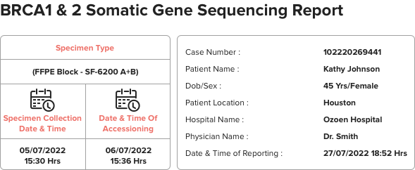  report format of brca1 & 2 somatic gene sequencing displaying patient information, specimen information, and physician details
