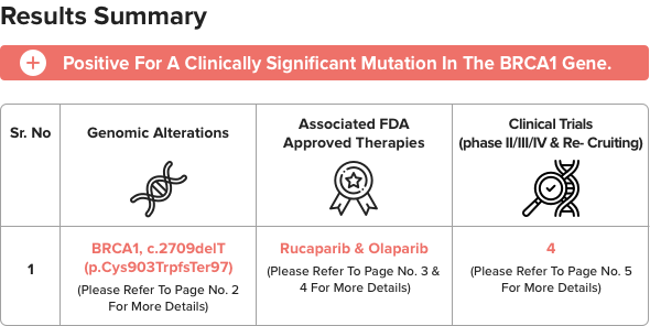 molecular testing report format displaying identified genomic alterations and clinical correlation presented graphically in result summaries