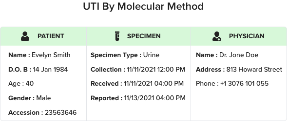  report format of uti by molecular method displaying patient information, specimen information, and physician details