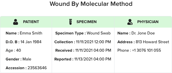 report format of the wound by molecular method displaying patient information, specimen information, and physician details