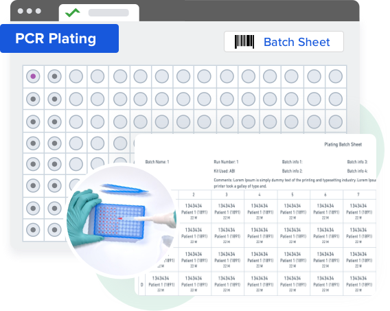 pcr plating process and a batch sheet displayed on molecular lab software dashboard