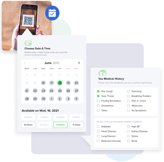 image showcasing the enhanced patient booking experience with user-friendly interfaces, seamless qr code scanning at the lab, available calendar slots, and access to medical history for efficient scheduling