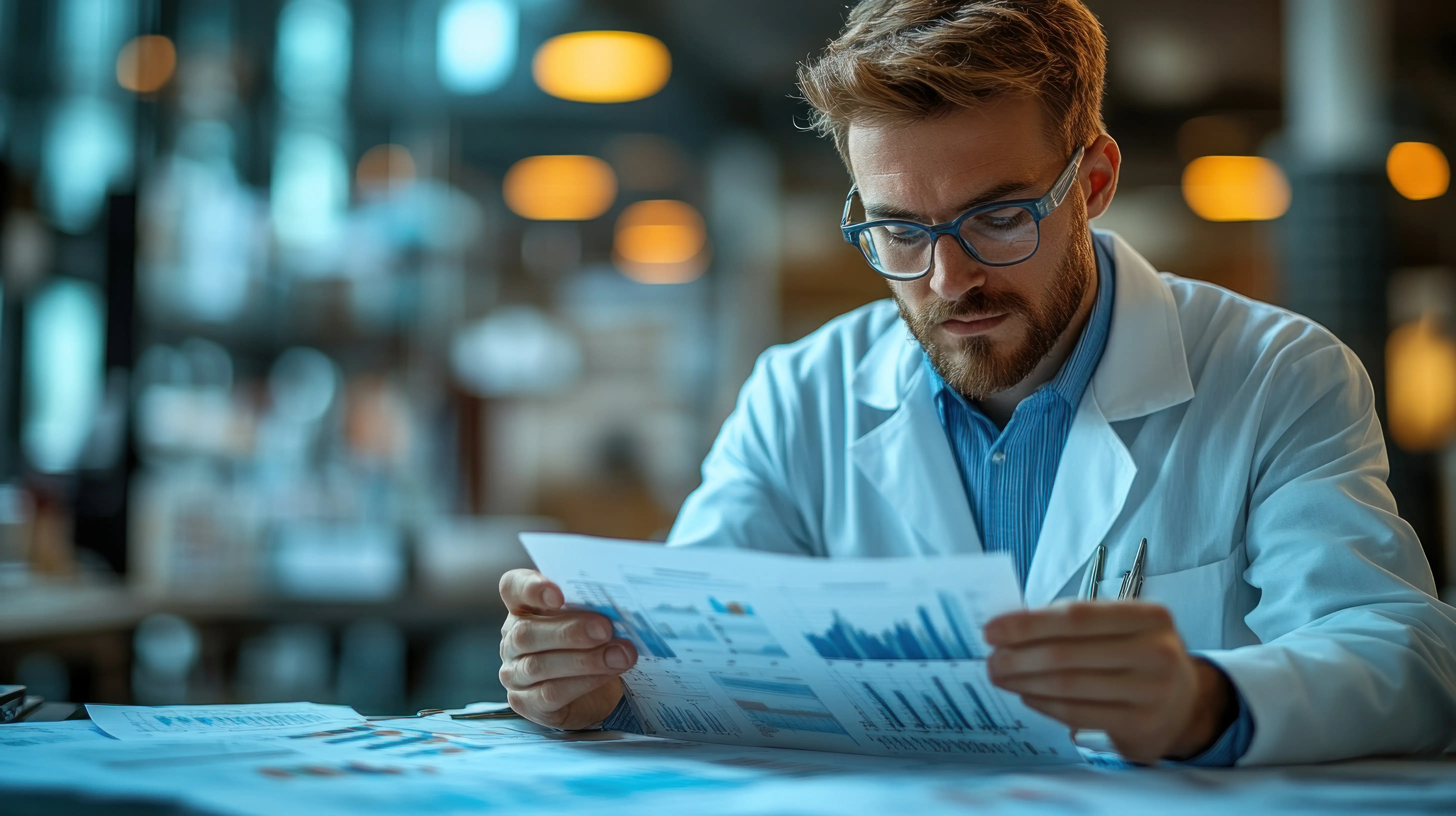 Lab scientist reviewing diagnostic data reports