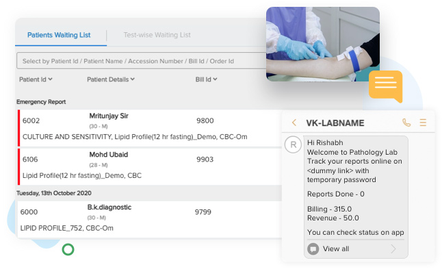 image illustration highlighting patient order bookings, patient waiting list, and communication channels including email, sms, and whatsapp in a pathology lab management system