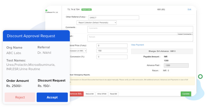 dashboard highlighting a discount management tool in pathology management software, offering conditional automated discounting and a discount approval request portal for efficient and streamlined discount management