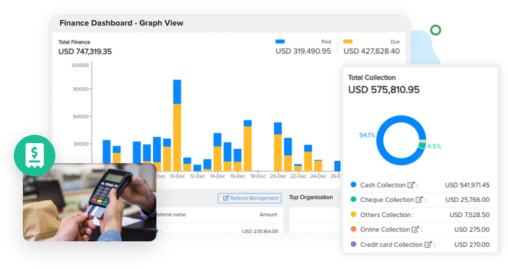 finance dashboard image of online pathology lab software, displaying streamlined financial management with test bookings and payment collections